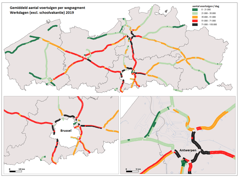 Kaart met gemiddelde verkeersvolumes op snelwegen in Vlaanderen.