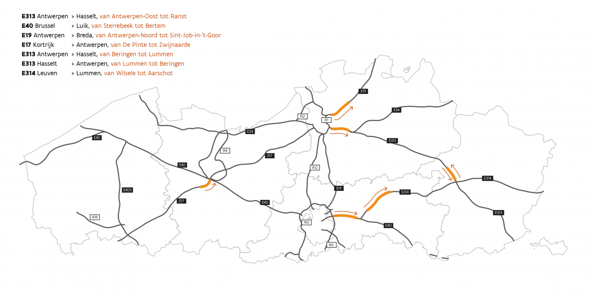 Kaart met de locaties van de spitsstroken.