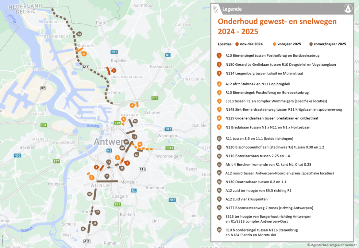 Overzichtskaart van de geplande locaties voor wegdekvernieuwing.