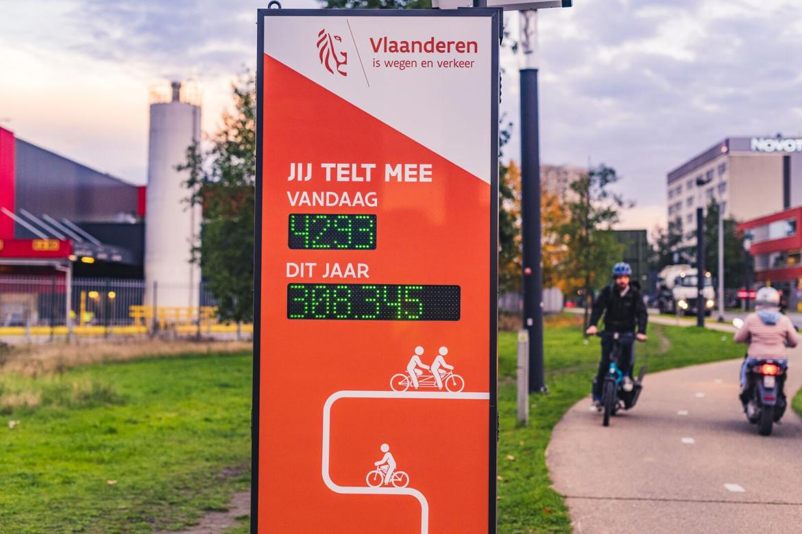 Fietsteller bij fietspad.
