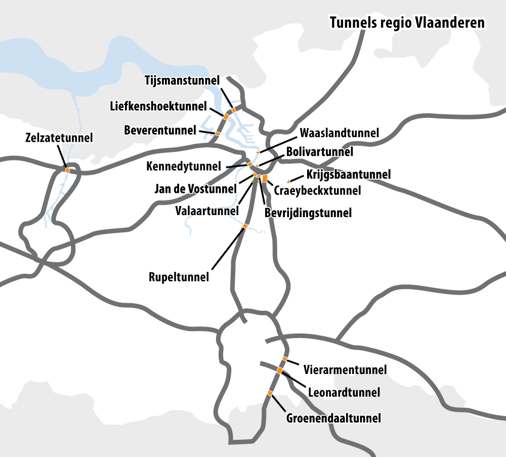 Overzicht tunnels op een kaart.