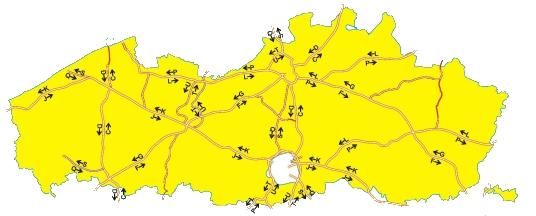 Wegenkaart met calamiteitenroutes op Vlaamse snelwegen.