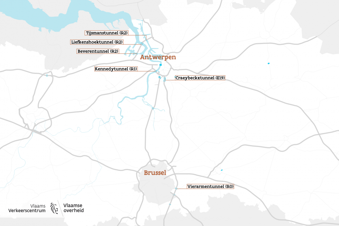 Kaart met de 6 TERN-tunnels in Vlaanderen.