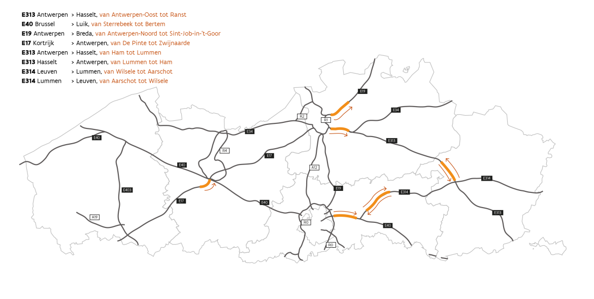 Kaart met alle spitsstroken in Vlaanderen