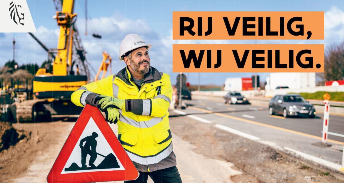 Affiche met een wegenarbeider op een werf.