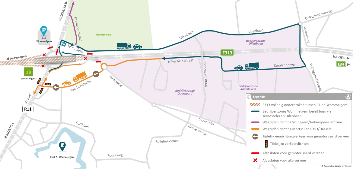 Omleidingen voor verkeer van/naar bedrijventerrein Wommelgem.