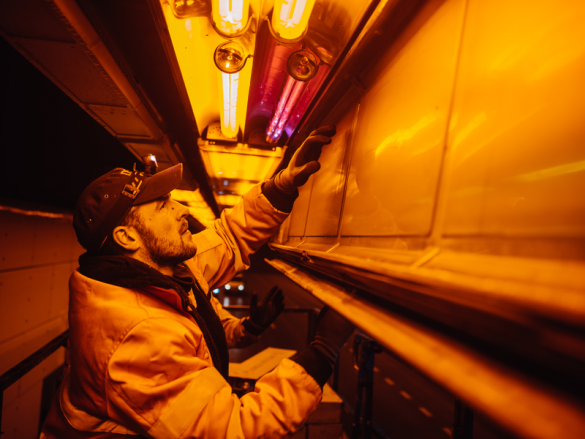 Wegenarbeider doet onderhoud van tunnelverlichting.