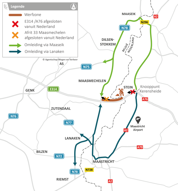 Omleidingskaart voor afgesloten E314.