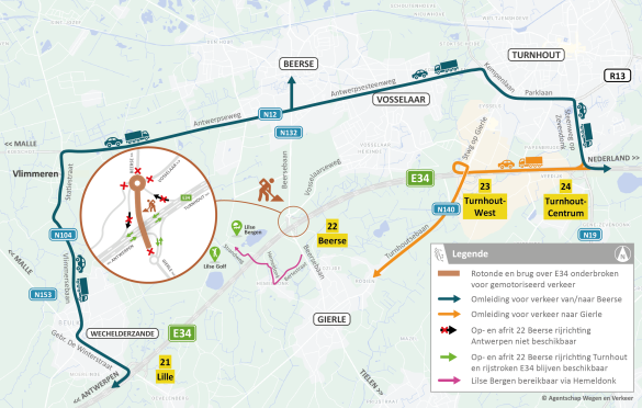Omleidingen tijdens afsluiting rotonde en op- en afritten.