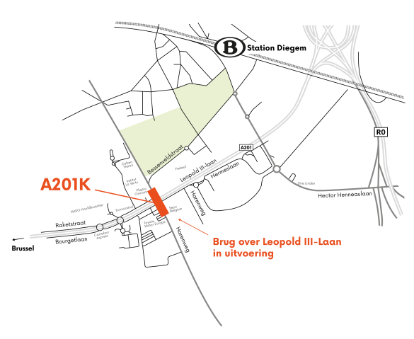 Omgeving nieuwe brug over de A201 in Diegem.