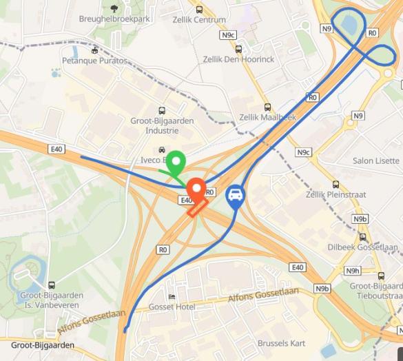 Omleiding (blauwe lijn) tijdens afsluitingen op Groot-Bijgaarden.