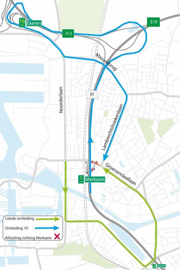 Kaart met omleidingsroute voor afgesloten afrit Merksem.