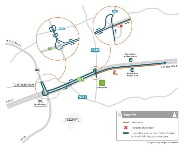 Tijdelijke verkeerssituatie en omleiding tijdens de werf op de E17.