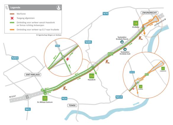 Tijdelijke verkeerssituatie en omleidingen tijdens de werf op de E17.