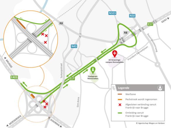 Omleidingsplan tijdens de werkzaamheden op knooppunt Aalbeke.