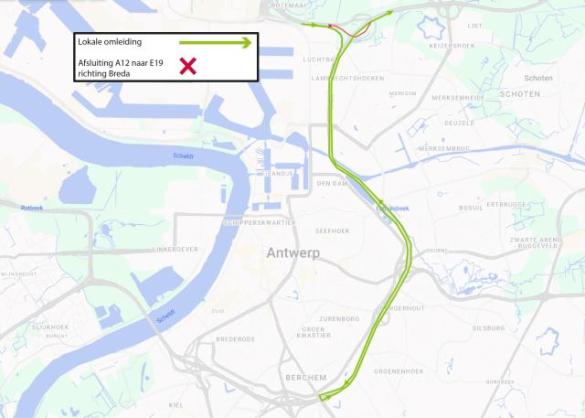 Omleiding tijdens afsluiting tussen A12 en E19 bij Antwerpen-Noord