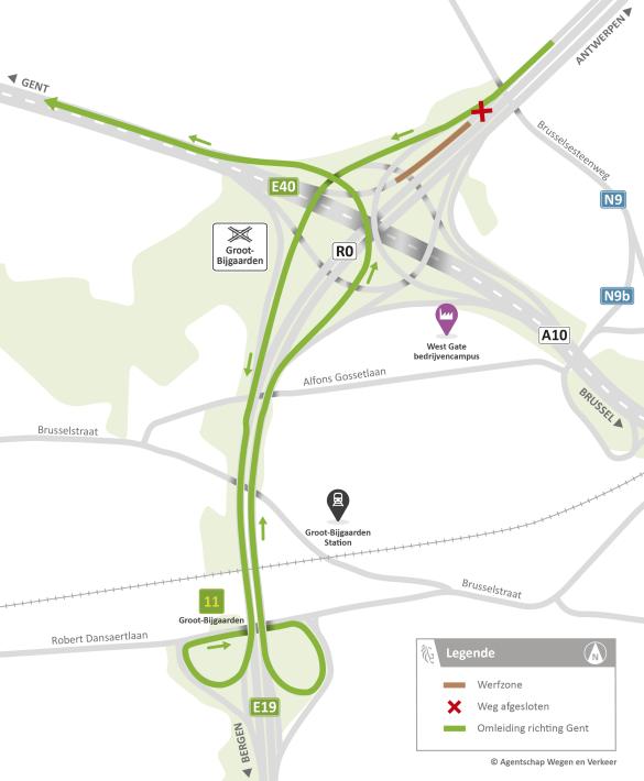 Omleidingskaart tijdens hinder op knooppunt Groot-Bijgaarden