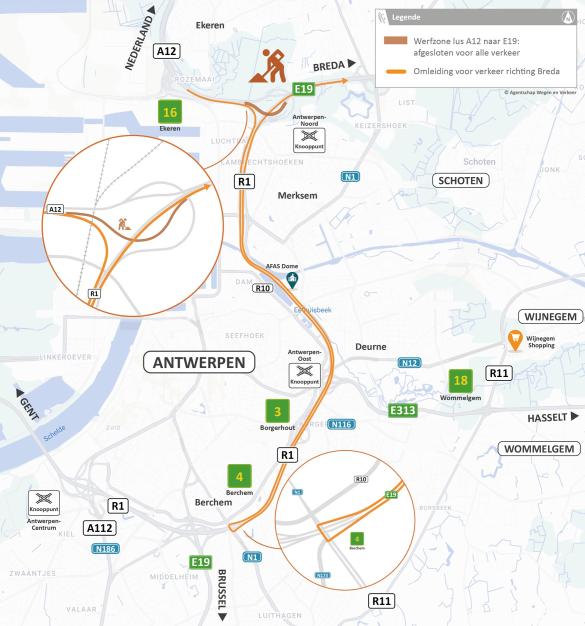 Omleiding via R1 en Berchem.