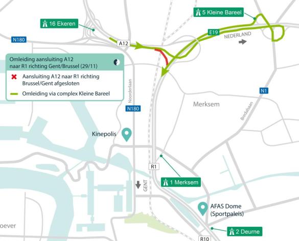 Omleiding afsluiting lus A12 naar R1