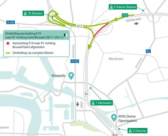 Omleiding afsluiting lus E19 naar R1