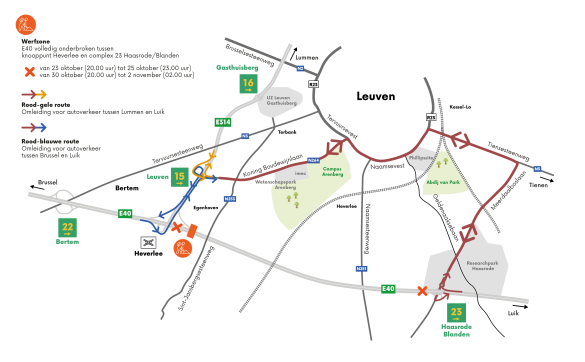 Omleidingen tijdens afsluiting E40